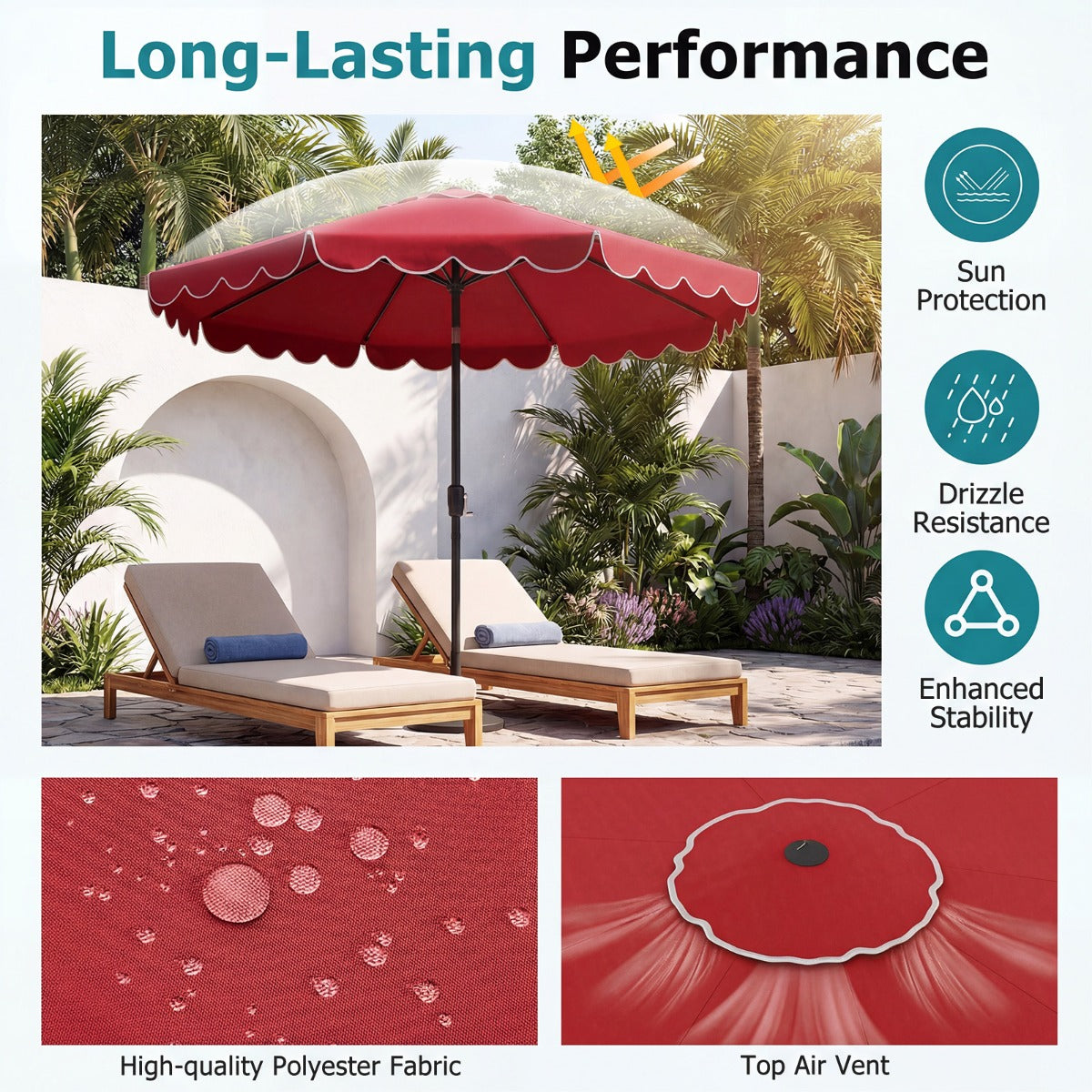 LIVSK Parasol met Ruches - 3 x 2,45 m - Automatische Kanteling - Slingerhandgreep - Stabiele Structuur - Beige/Geelbruin/Wijnrood