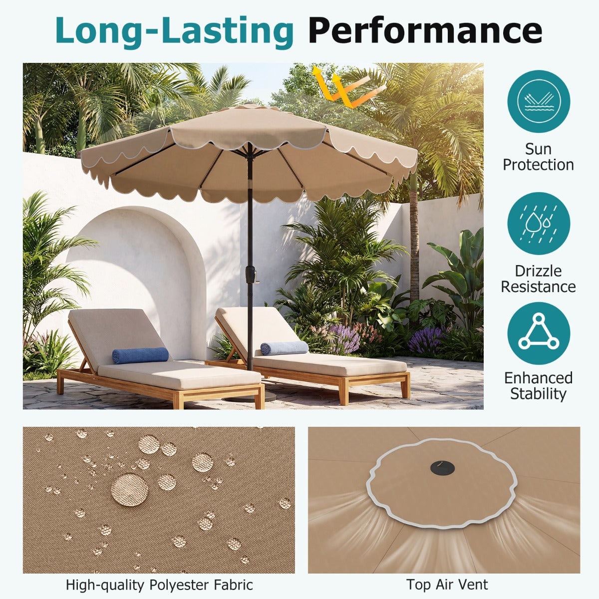 LIVSK Parasol met Ruches - 3 x 2,45 m - Kantelbaar tot 35° - Slingerhandgreep - Stabiele Structuur - Beige/Geelbruin