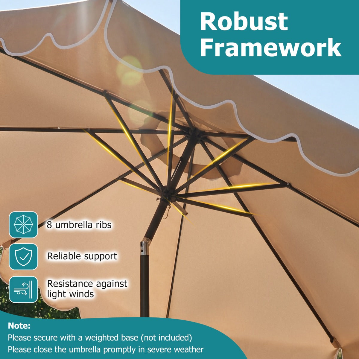LIVSK Parasol met Ruches - 3 x 2,45 m - Kantelbaar tot 35° - Slingerhandgreep - Stabiele Structuur - Beige/Geelbruin