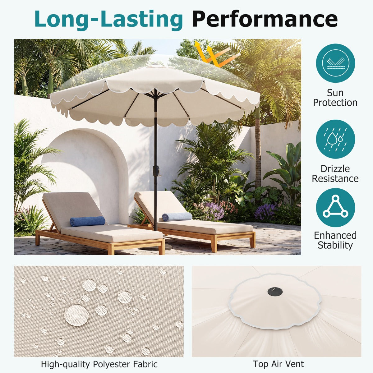 LIVSK Parasol met Ruches - 3 x 2,5 m - Kantelmechanisme 35° - Slingerhandgreep - Polyester - Beige