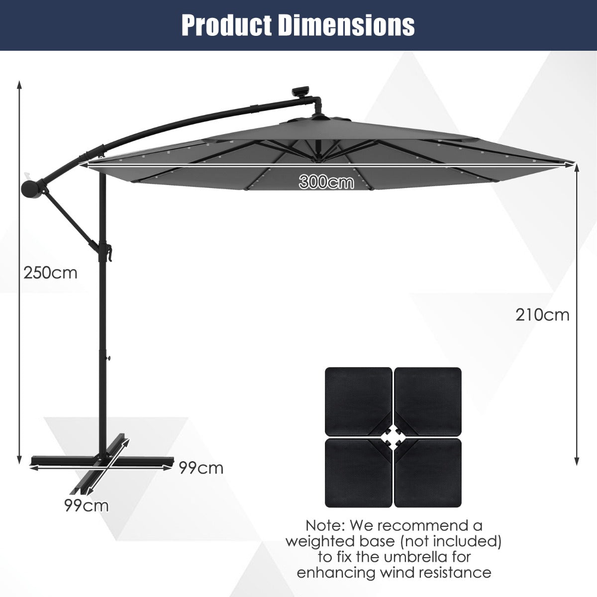 LIVSK Parasol met Standaard - 300 cm Schaduwgebied - Zonne-energie Verlichting - Verstelbaar - Grijs/Beige
