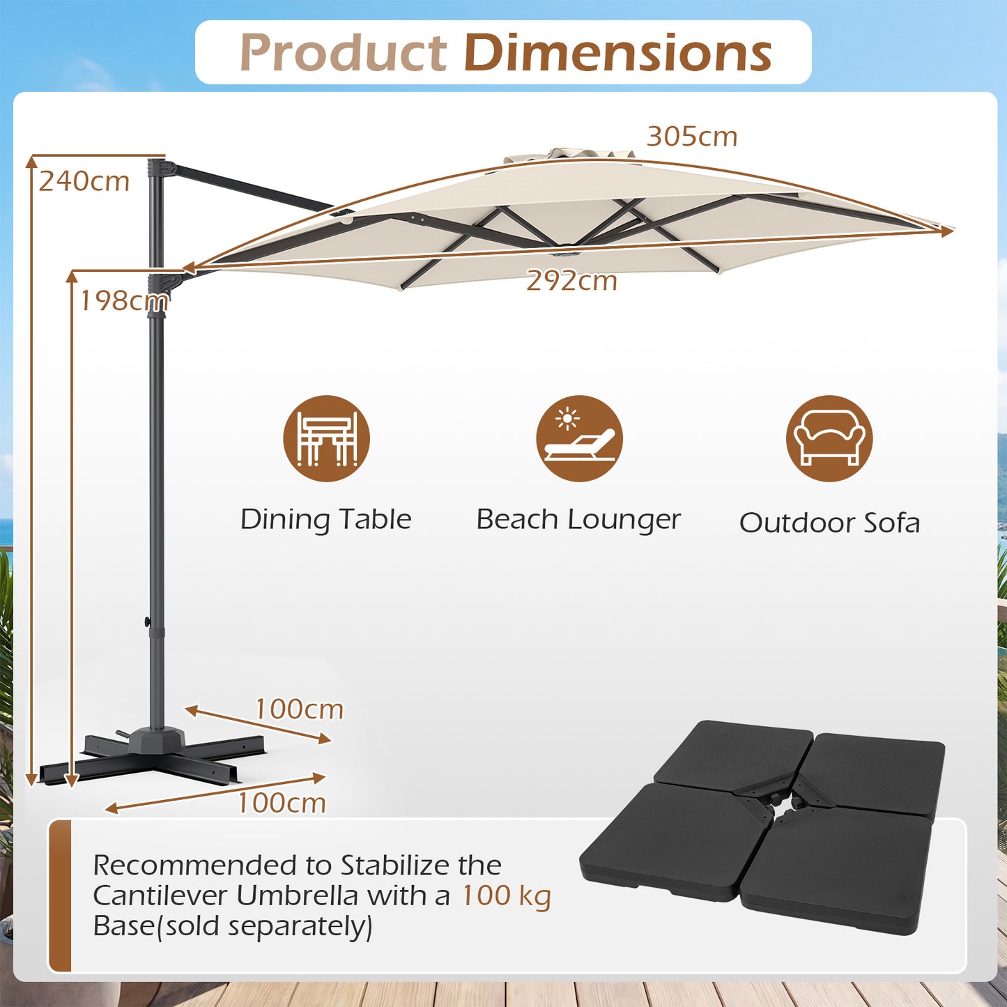 LIVSK Parasol met Voet - 360° Draai - Slijtvast Polyester - Robuuste Constructie - Voor Tuin en Terras - Beige/Grijs en Zwart