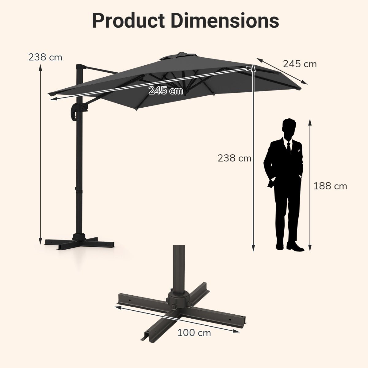 LIVSK Parasolvoet en Parasolset - HDPE Materiaal - 4-delige Basisgewichten - 5 Instelbare Hoeken - Zwart/Bruin/Grijs/Beige
