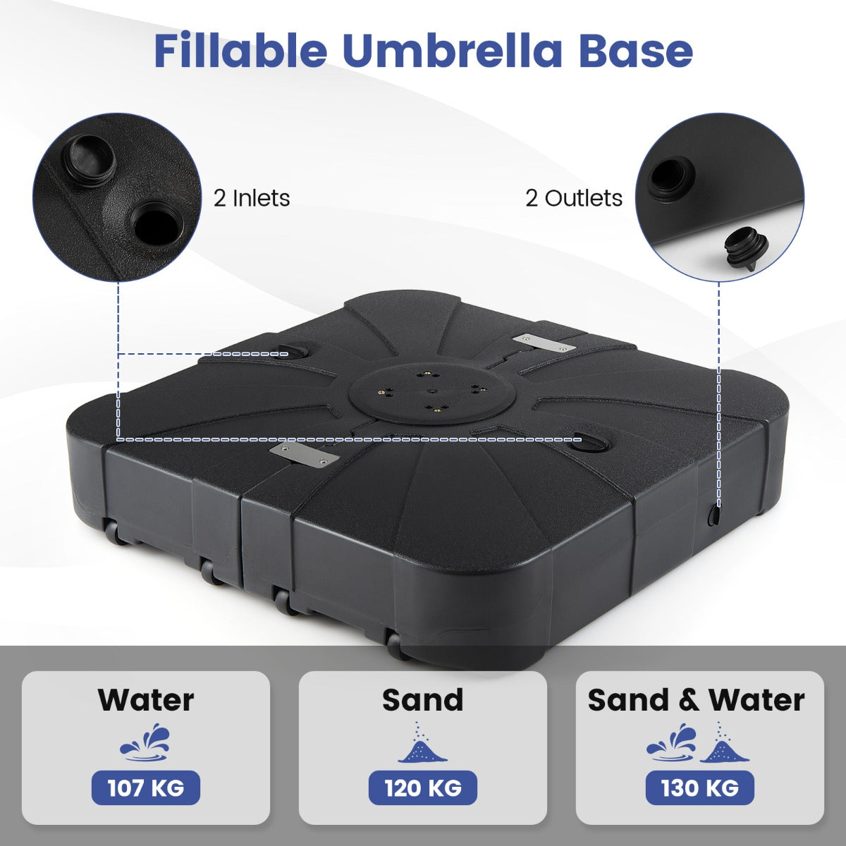 LIVSK Parasolvoet met Wielen - HDPE Materiaal - 130/170 kg Capaciteit - Eenvoudig te Vullen en Verplaatsen - Zwart