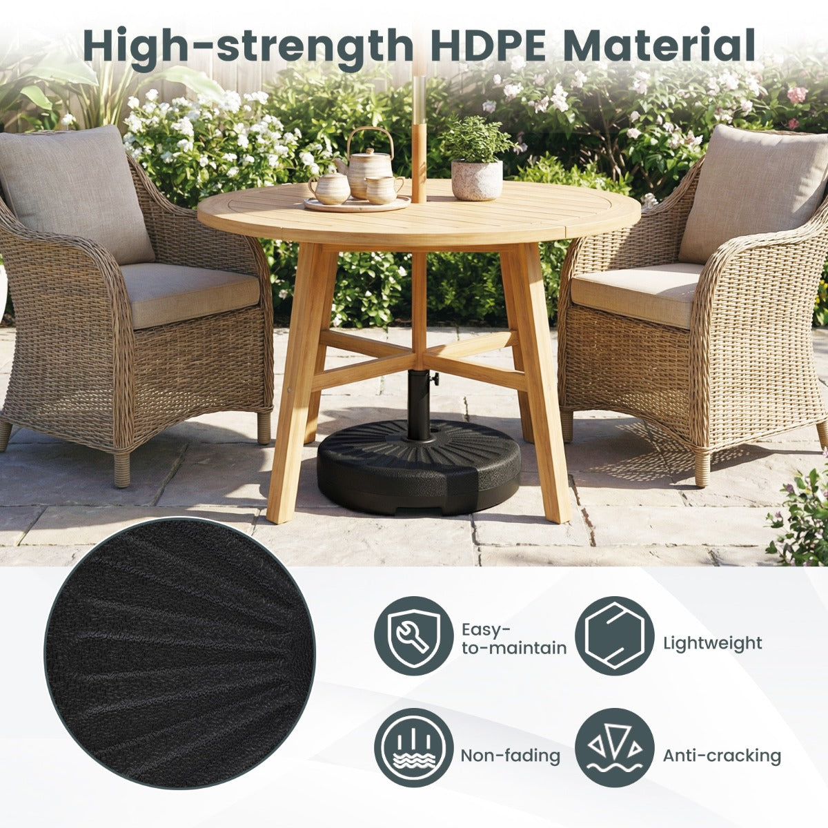 LIVSK Parasolvoet - UV-bestendig HDPE - Navulbaar tot 27 kg - Geschikt voor 38/48 mm stokken - Ergonomische draaggreep - Zwart