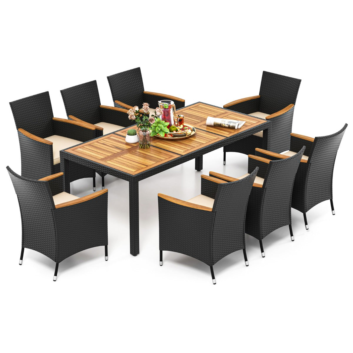 LIVSK Patio Eetset - Hoogwaardig Acaciahout - Luxe Rotan Stoelen - Weerbestendige Kussens - Voor 8 Personen - Bruin & Naturel