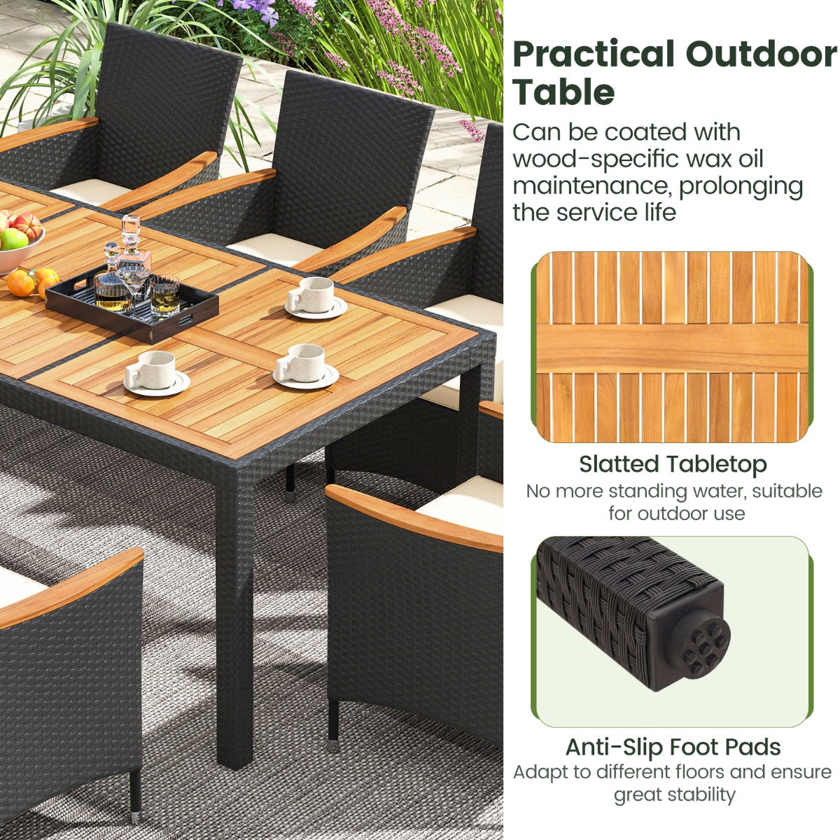 LIVSK Patio Eetset - Hoogwaardig Acaciahout - Luxe Rotan Stoelen - Weerbestendige Kussens - Voor 8 Personen - Bruin & Naturel