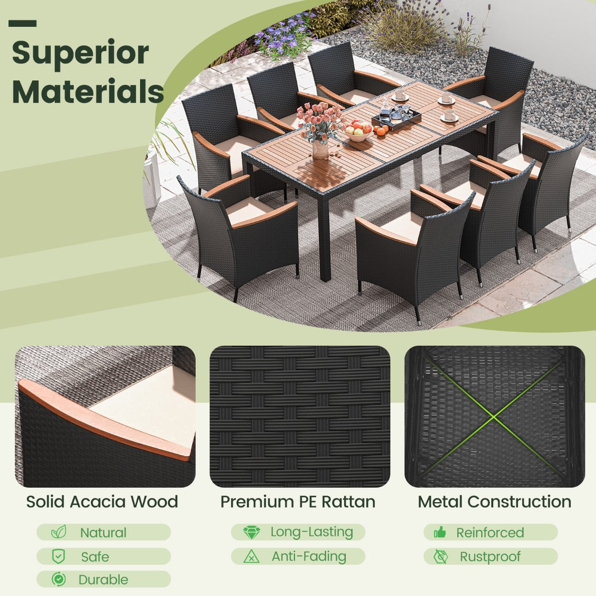 LIVSK Patio Eetset - Hoogwaardig Acaciahout - Luxe Rotan Stoelen - Weerbestendige Kussens - Voor 8 Personen - Bruin & Naturel