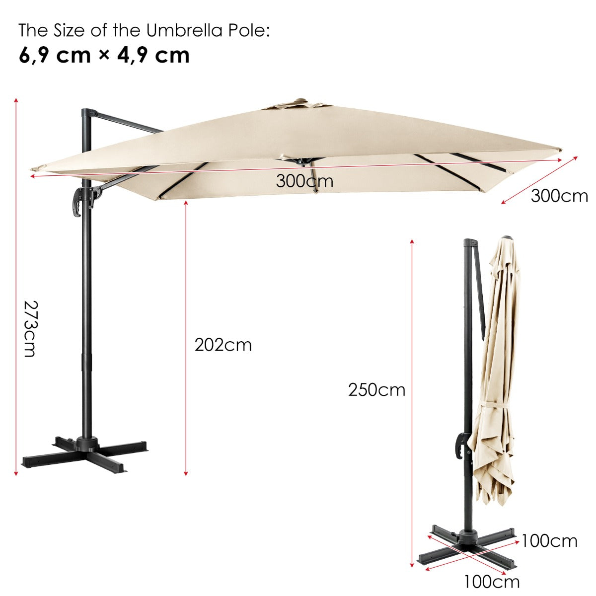 LIVSK Patio Parasol - 100% Polyester - 360° Rotatie - Kantelverstelling - Groot Schaduwoppervlak 300x300 cm - Beige