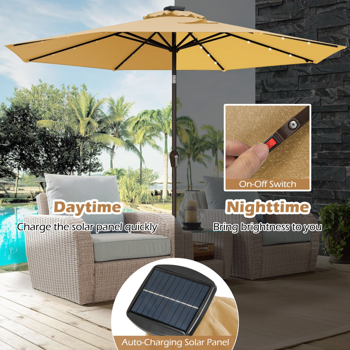 LIVSK Patio Parasol - 3m UV-Bescherming - Zonnepaneel met LED-verlichting - Kantelontwerp - Eenvoudige Montage - Beige