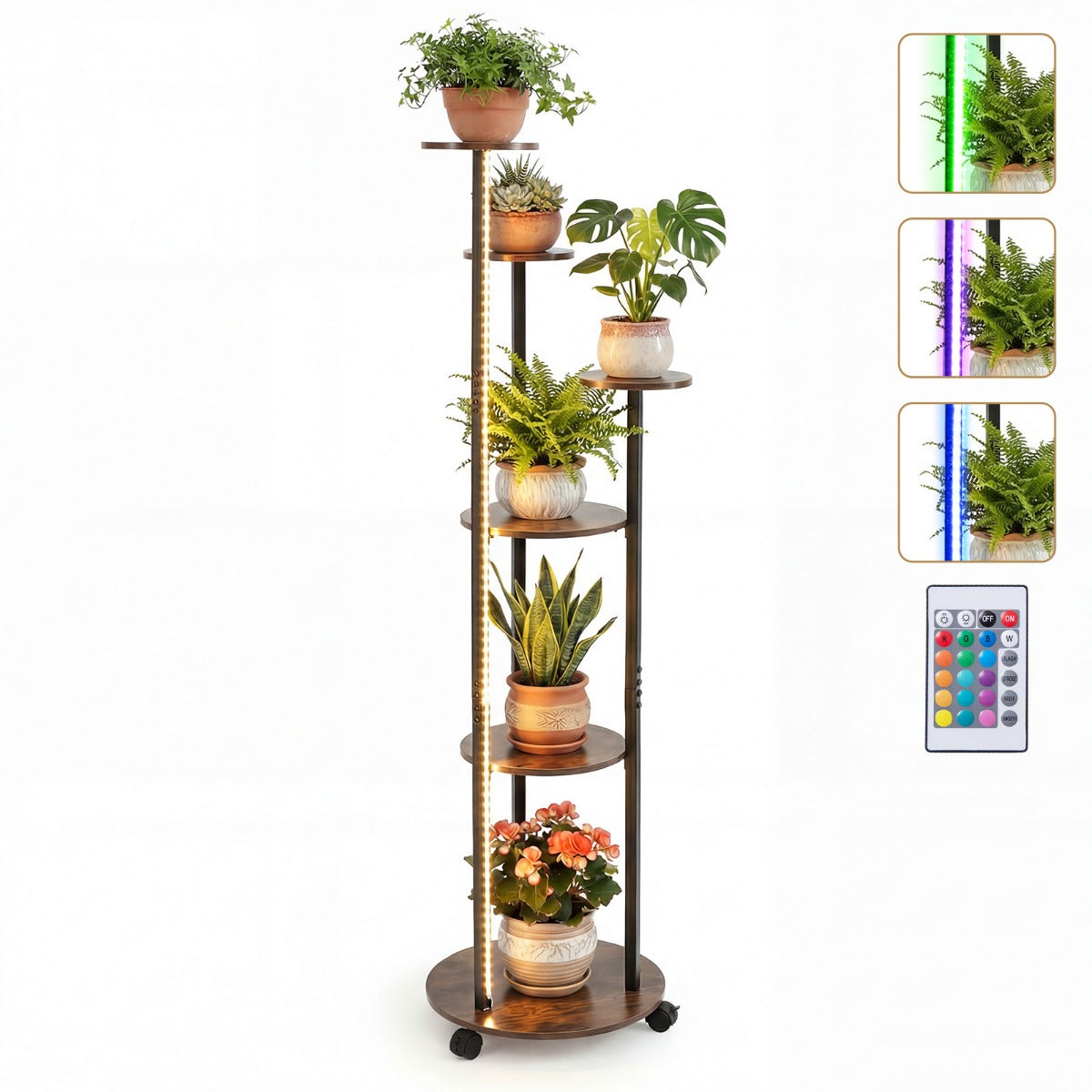 LIVSK Plantenrek met 6 Niveaus - 16 Kleuren LED Verlichting - Robuuste Metaalconstructie - Wieltjes met Rem - Rustiek Bruin +