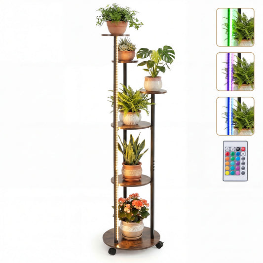 LIVSK Plantenrek met 6 Niveaus - 16 Kleuren LED Verlichting - Robuuste Metaalconstructie - Wieltjes met Rem - Rustiek Bruin +