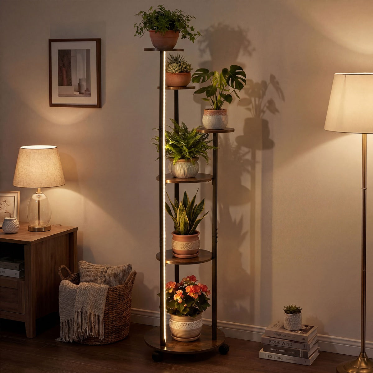LIVSK Plantenrek met 6 Niveaus - 16 Kleuren LED Verlichting - Robuuste Metaalconstructie - Wieltjes met Rem - Rustiek Bruin +