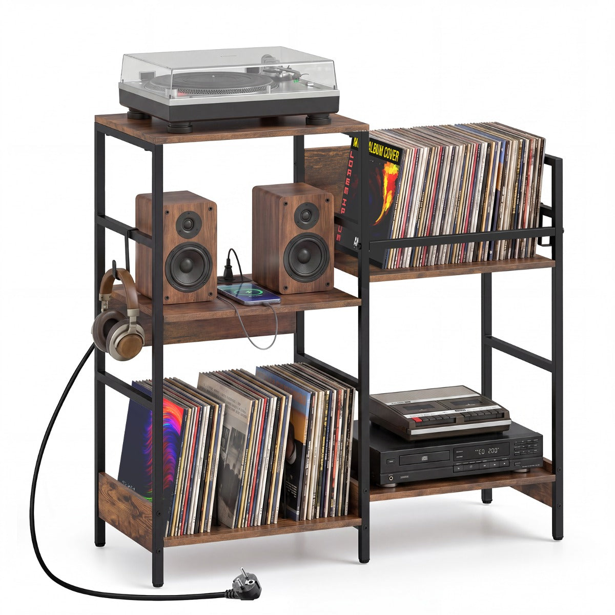 LIVSK Platenkast met Oplaadstation - Vintage Stijl - Metalen Frame - 2 Open Vakken - Tot 106 kg - Bruin