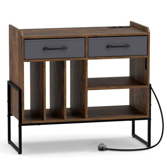 LIVSK Platenspelerstandaard - Vintage Charm - 3 Open Vakken - 2 Stopcontacten - Verstelbare Planken - Bruin
