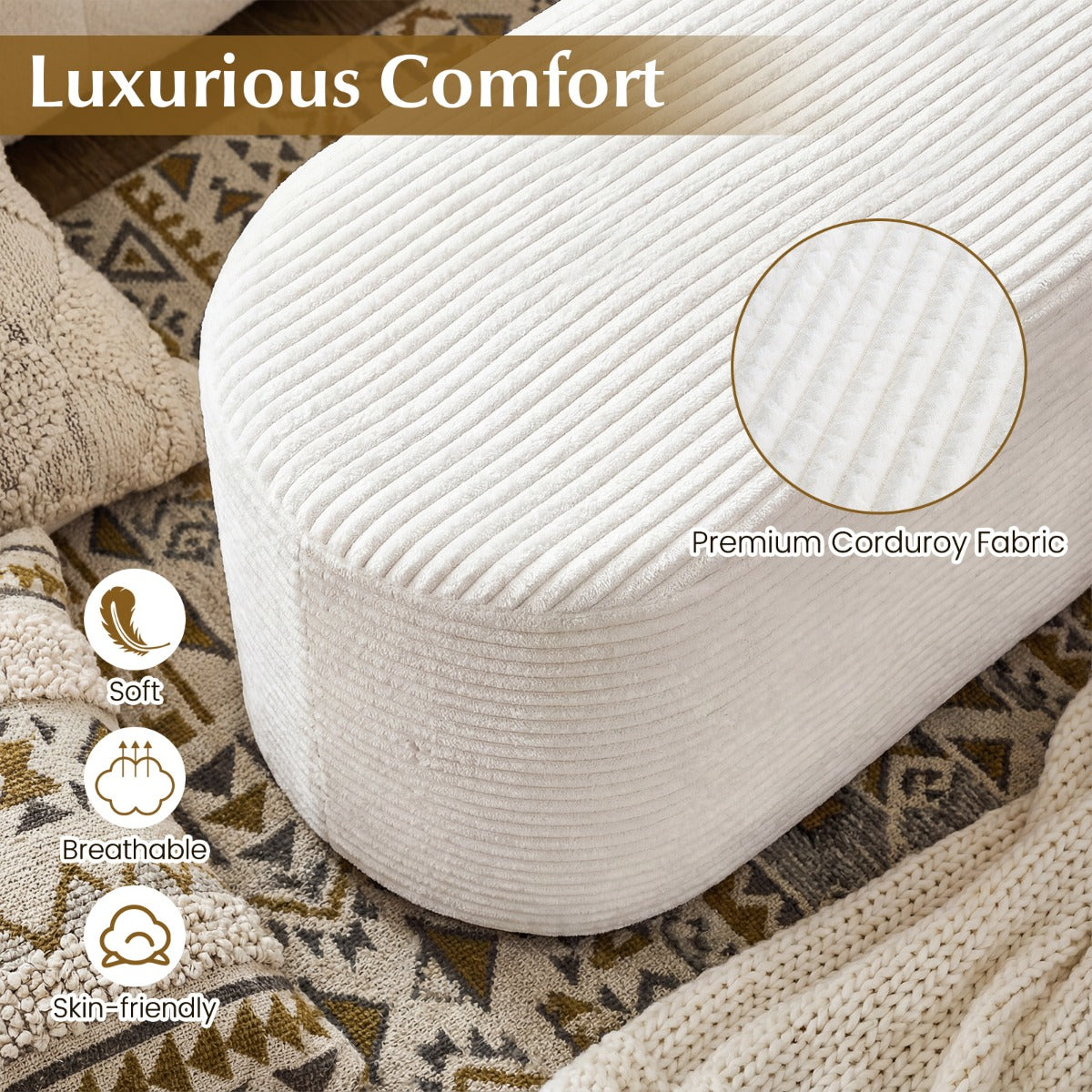 LIVSK Poef - Ovaal Ontwerp - Corduroy Bekleding - Afneembare Hoes - Tot 79 kg - Beige