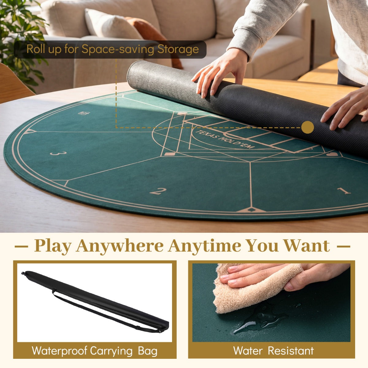 LIVSK Pokermat voor 8 Personen - Antislip Onderkant - Spatwaterbestendig - Opvouwbaar & Draagbaar - Groen