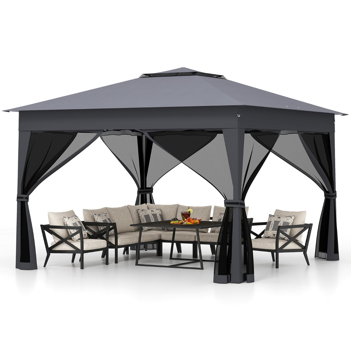 LIVSK Pop-up Partytent - Eenvoudig op te zetten - Gaaswanden - Stevig Metalen Frame - 337 x 337 x 260 cm - Grijs