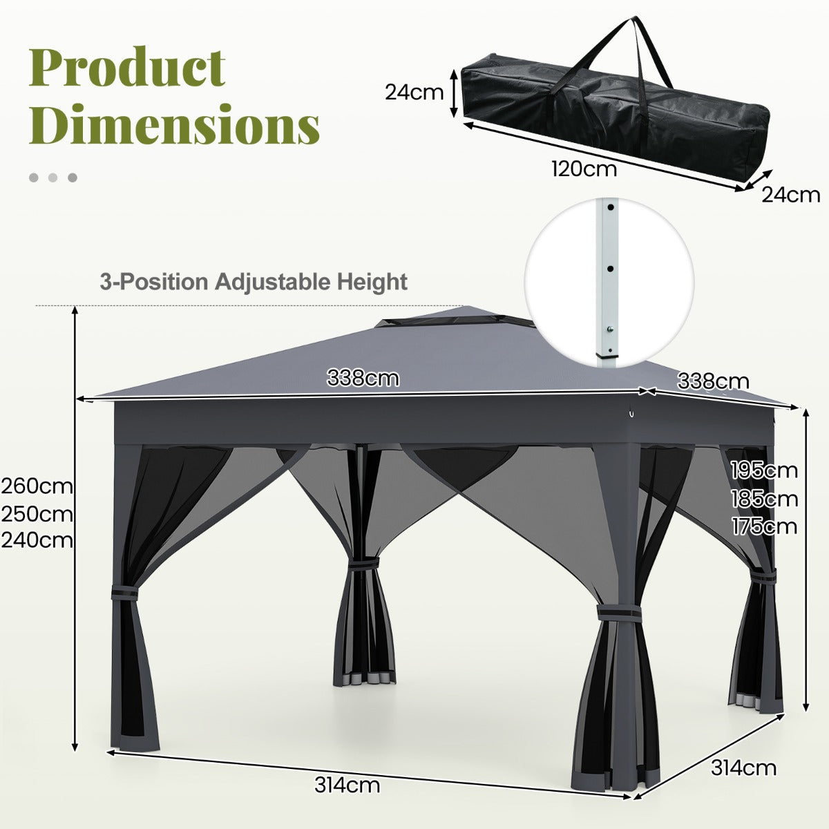 LIVSK Pop-up Partytent - Eenvoudig op te zetten - Gaaswanden - Stevig Metalen Frame - 337 x 337 x 260 cm - Grijs