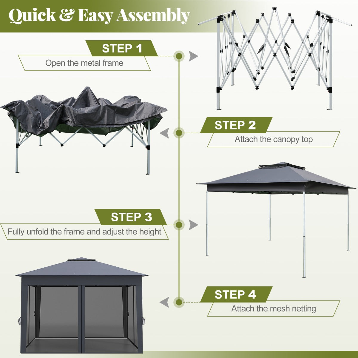LIVSK Pop-up Partytent - Eenvoudig op te zetten - Gaaswanden - Stevig Metalen Frame - 337 x 337 x 260 cm - Grijs