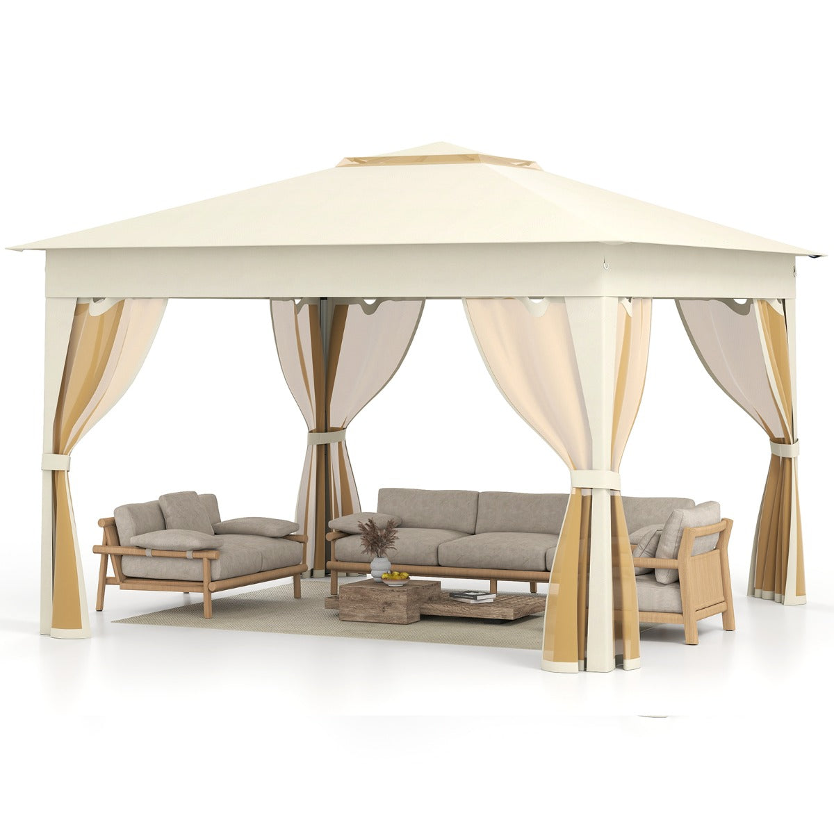LIVSK Pop-up Partytent - Eenvoudige Installatie - Gaaswanden - Ruime Schaduw 337 x 337 cm - Robuuste Constructie - Beige