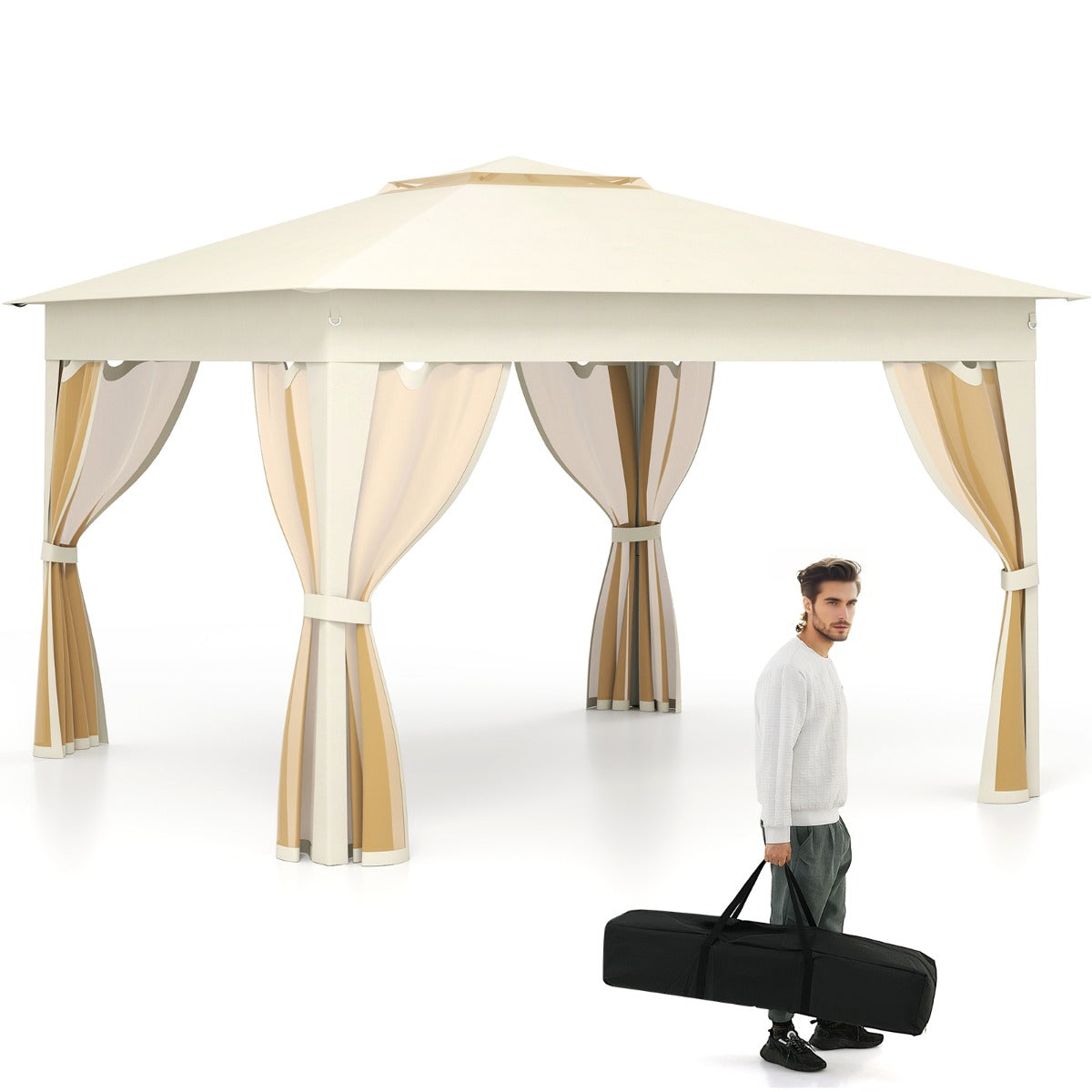 LIVSK Pop-up Partytent - Eenvoudige Installatie - Gaaswanden - Ruime Schaduw 337 x 337 cm - Robuuste Constructie - Beige