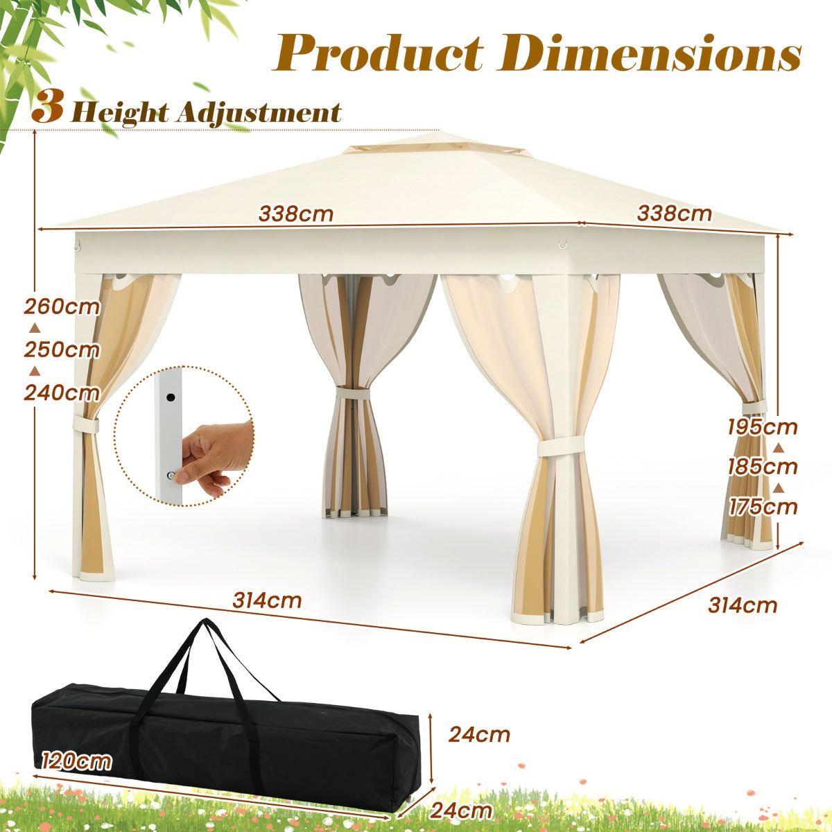 LIVSK Pop-up Partytent - Eenvoudige Installatie - Gaaswanden - Ruime Schaduw 337 x 337 cm - Robuuste Constructie - Beige