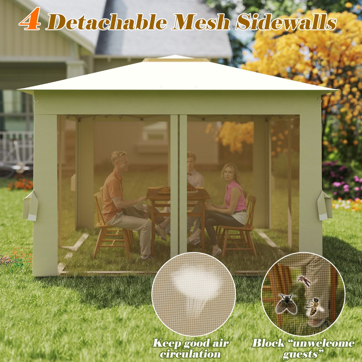 LIVSK Pop-up Partytent - Eenvoudige Installatie - Gaaswanden - Ruime Schaduw 337 x 337 cm - Robuuste Constructie - Beige