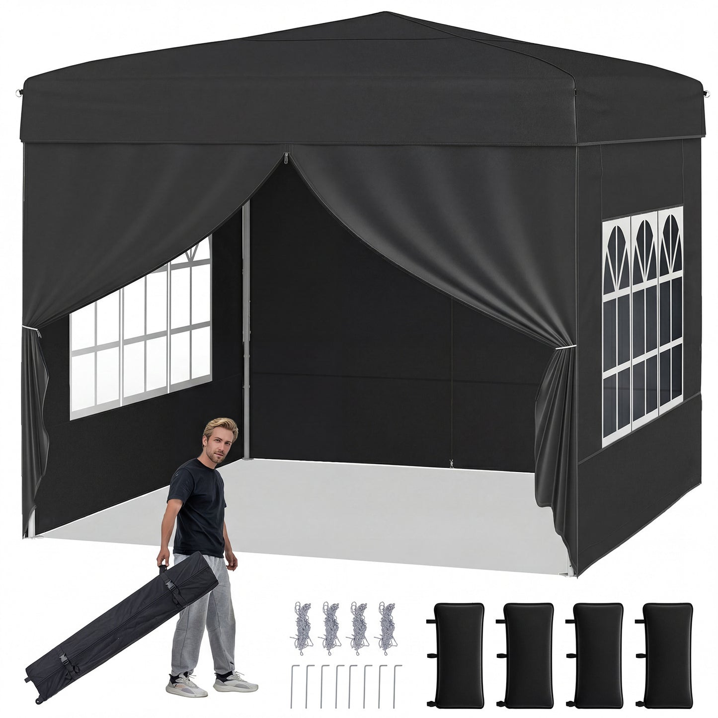 LIVSK Pop-up Tent 3x3 m - Snelle Opbouw - Verstelbare Hoogtes - Duurzaam Oxford-Stof - Inclusief Accessoires - Zwart/Grijs/Wit
