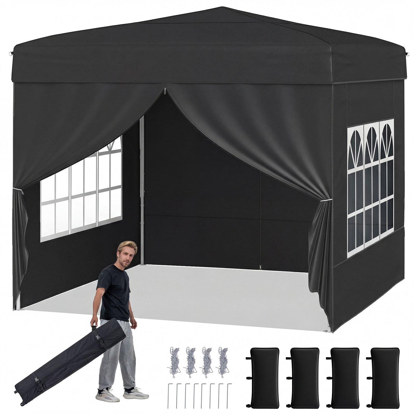 LIVSK Pop-up Tent 3x3 m - Snelle Opbouw - Verstelbare Hoogtes - Duurzaam Oxford-Stof - Inclusief Accessoires - Zwart/Grijs/Wit