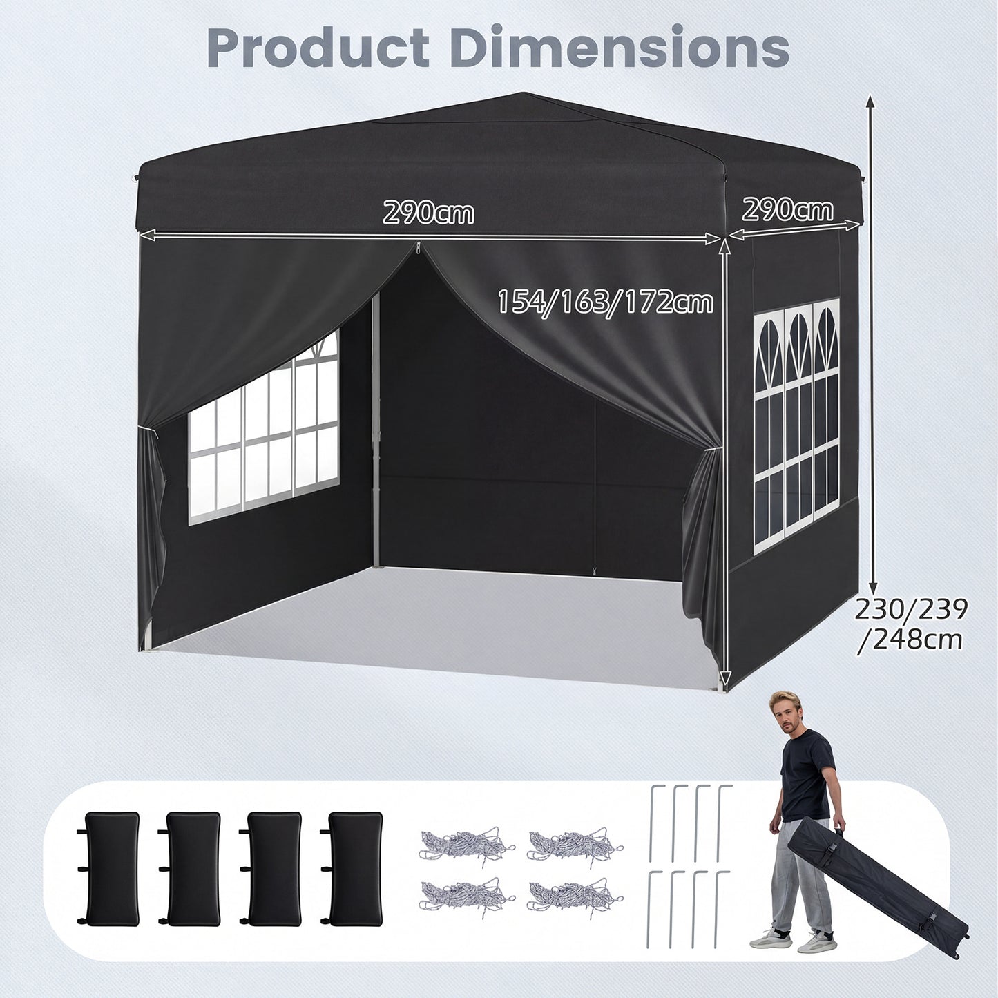 LIVSK Pop-up Tent 3x3 m - Snelle Opbouw - Verstelbare Hoogtes - Duurzaam Oxford-Stof - Inclusief Accessoires - Zwart/Grijs/Wit