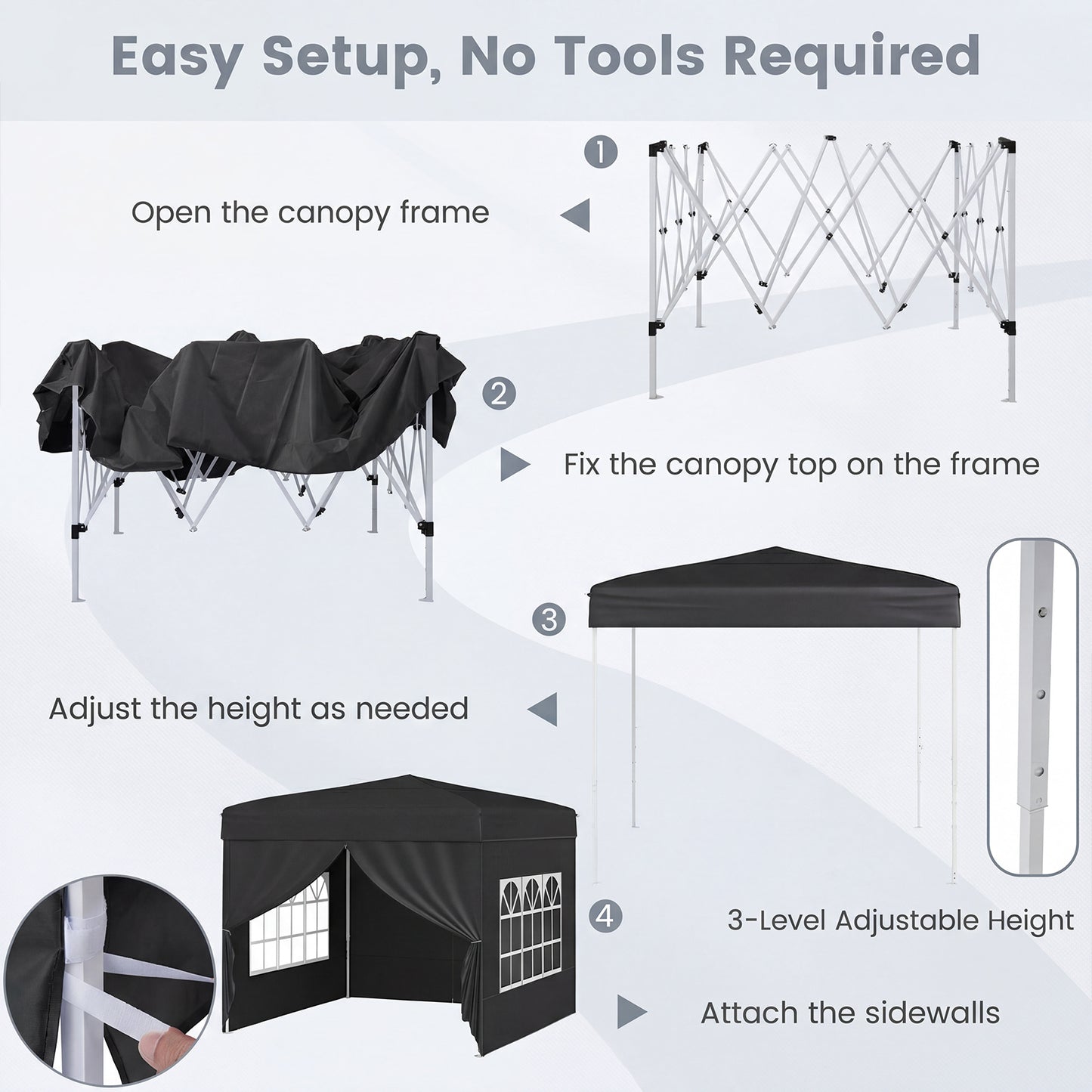 LIVSK Pop-up Tent 3x3 m - Snelle Opbouw - Verstelbare Hoogtes - Duurzaam Oxford-Stof - Inclusief Accessoires - Zwart/Grijs/Wit