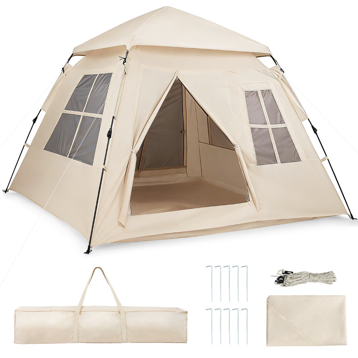 LIVSK Pop-up Tent voor 4 Personen - Waterdicht - Snelle Opbouw - Gaasramen en Deuren - Gemakkelijk Op te Bergen - Beige
