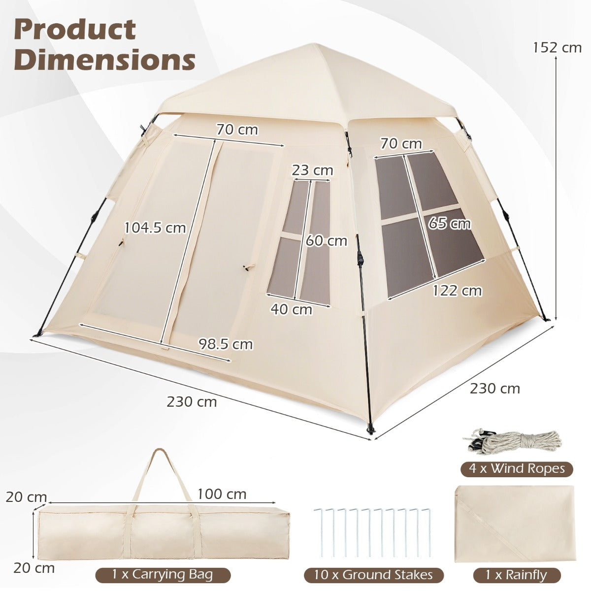 LIVSK Pop-up Tent voor 4 Personen - Waterdicht - Snelle Opbouw - Gaasramen en Deuren - Gemakkelijk Op te Bergen - Beige