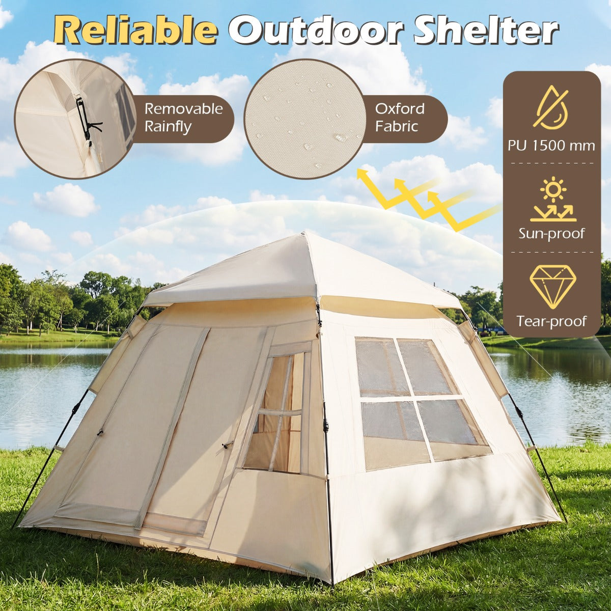 LIVSK Pop-up Tent voor 4 Personen - Waterdicht - Snelle Opbouw - Gaasramen en Deuren - Gemakkelijk Op te Bergen - Beige