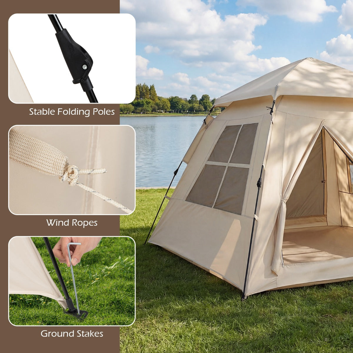 LIVSK Pop-up Tent voor 4 Personen - Waterdicht - Snelle Opbouw - Gaasramen en Deuren - Gemakkelijk Op te Bergen - Beige