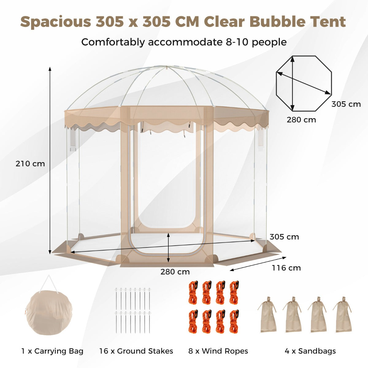 LIVSK Pop-up Tent voor 8-10 Personen - Transparante Wanden - Snelle Opbouw - Weerbestendig - 305 x 305 x 210 cm - Transparant