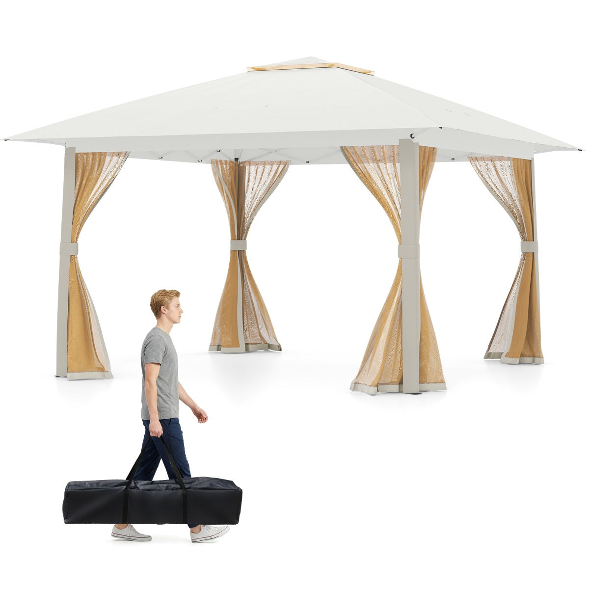 LIVSK Pop-up Tent - Zilvergecoat Oxford-doek - 4 Afneembare Gaaszijwanden - Eenvoudige Opbouw - Beige