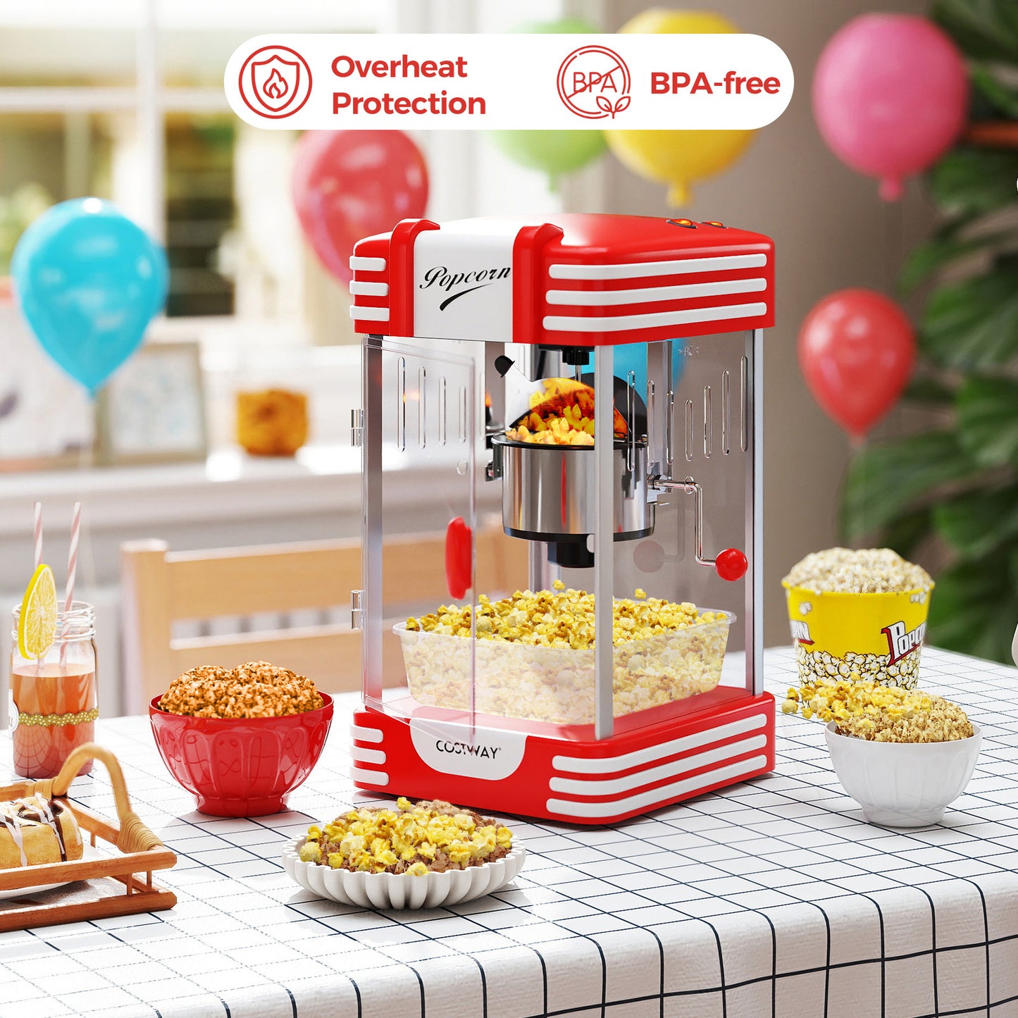 LIVSK Popcornmachine - Retro Design - Warmhoudlamp - Roestvrijstalen Bak - Capaciteit 100 g - Rood/Wit