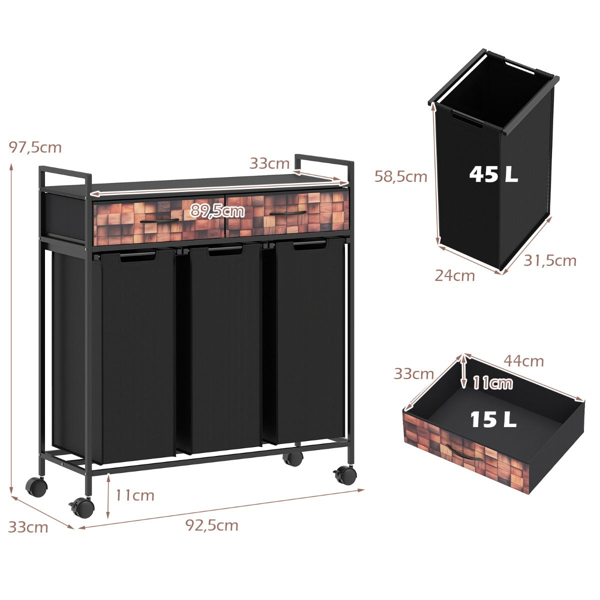 LIVSK Rolbare Wasmand - Drie Compartimenten - Afneembare Oxford-Zakken - Metalen Frame - Zwart + Rustiek Bruin