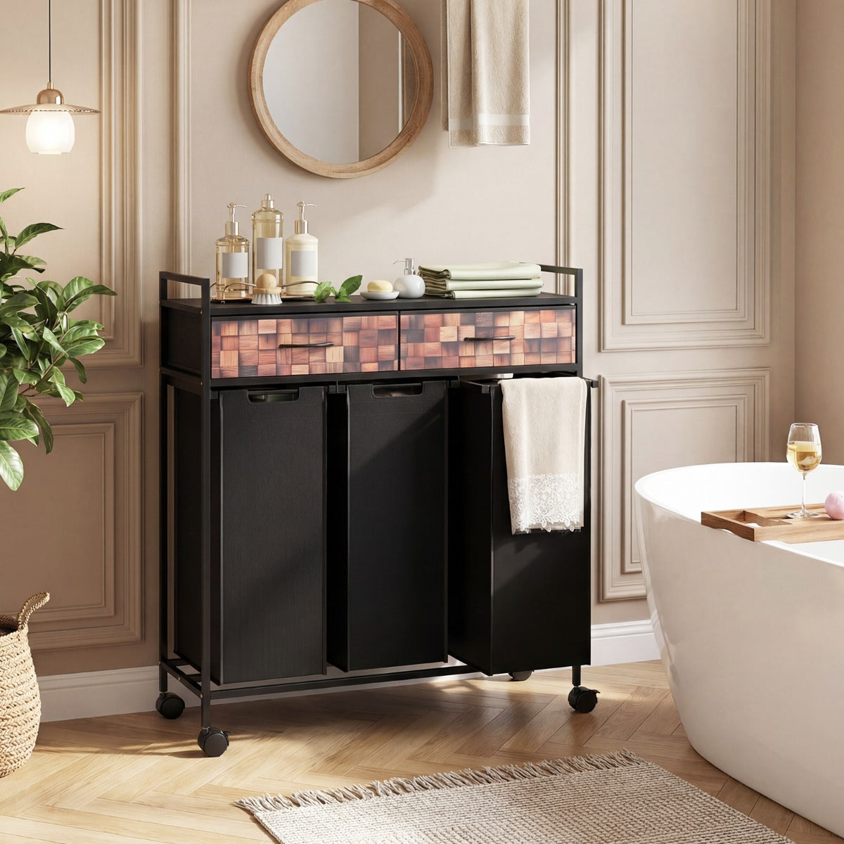 LIVSK Rolbare Wasmand - Drie Compartimenten - Afneembare Oxford-Zakken - Metalen Frame - Zwart + Rustiek Bruin