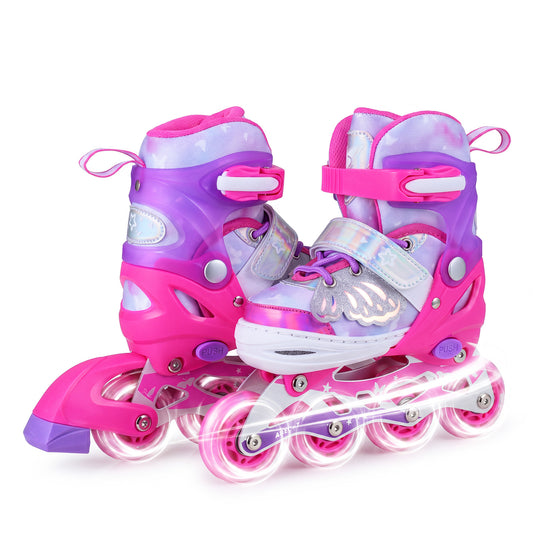 LIVSK Rolschaatsen voor Kinderen - 4 Maten Verstelbaar - LED Verlichte Wielen - Aluminium Frame - Blauw/Roze