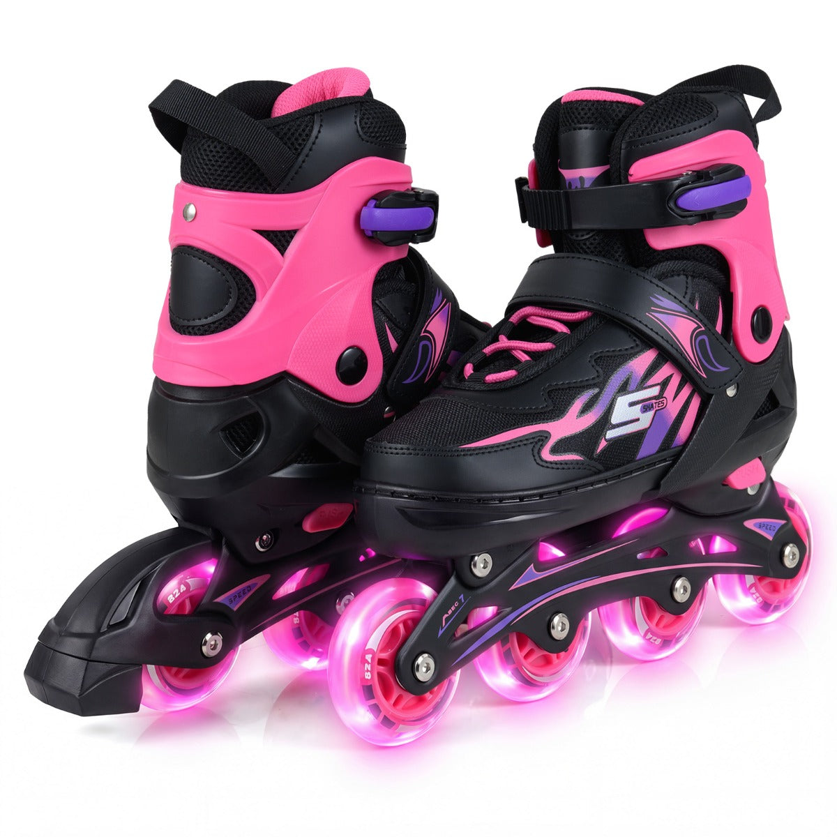 LIVSK Rolschaatsen voor Kinderen - 4-Voudig Verstelbaar - Ademend Mesh - Veiligheidsvoorzieningen - Grijs/Roze