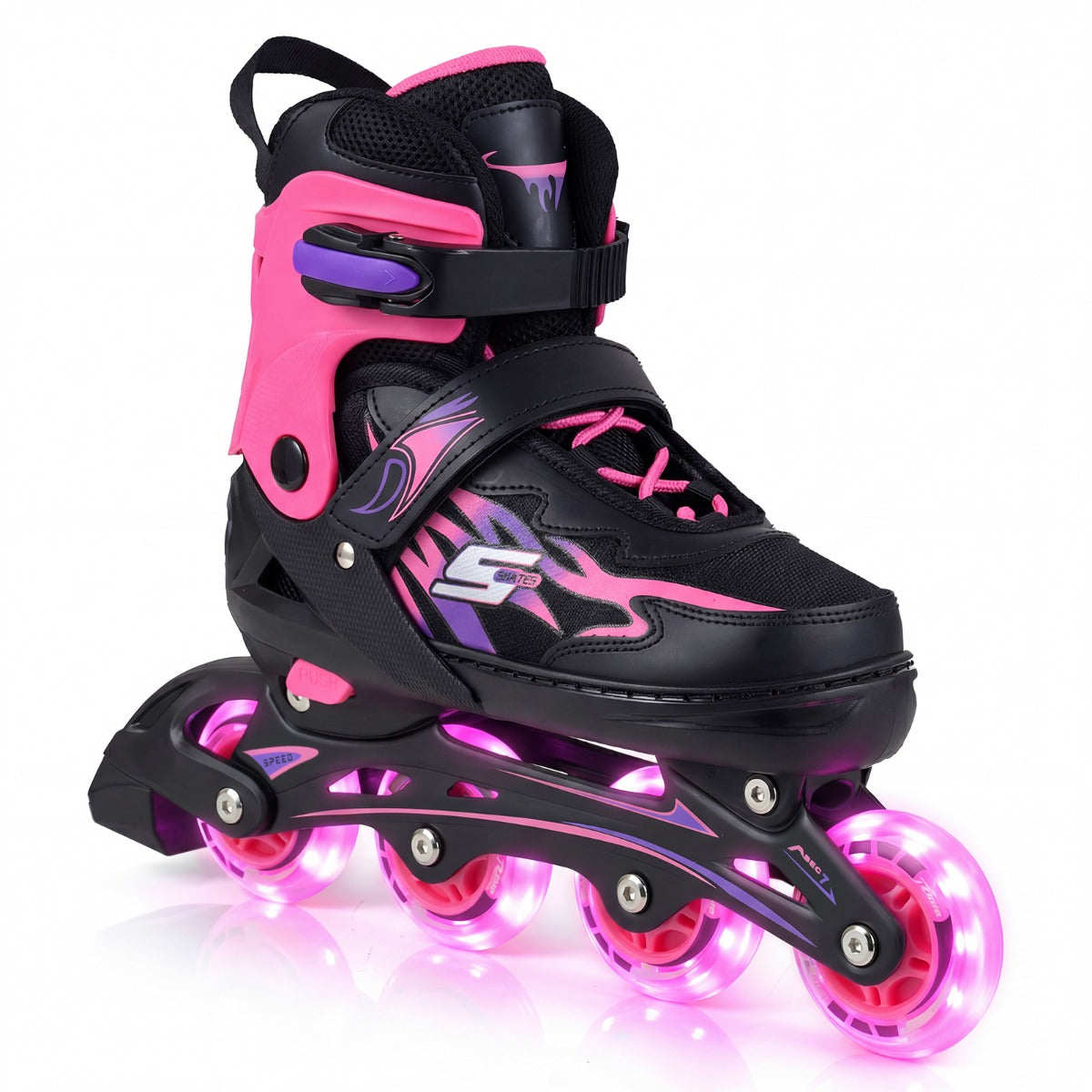 LIVSK Rolschaatsen voor Kinderen - 4-Voudig Verstelbaar - Ademend Mesh - Veiligheidsvoorzieningen - Grijs/Roze