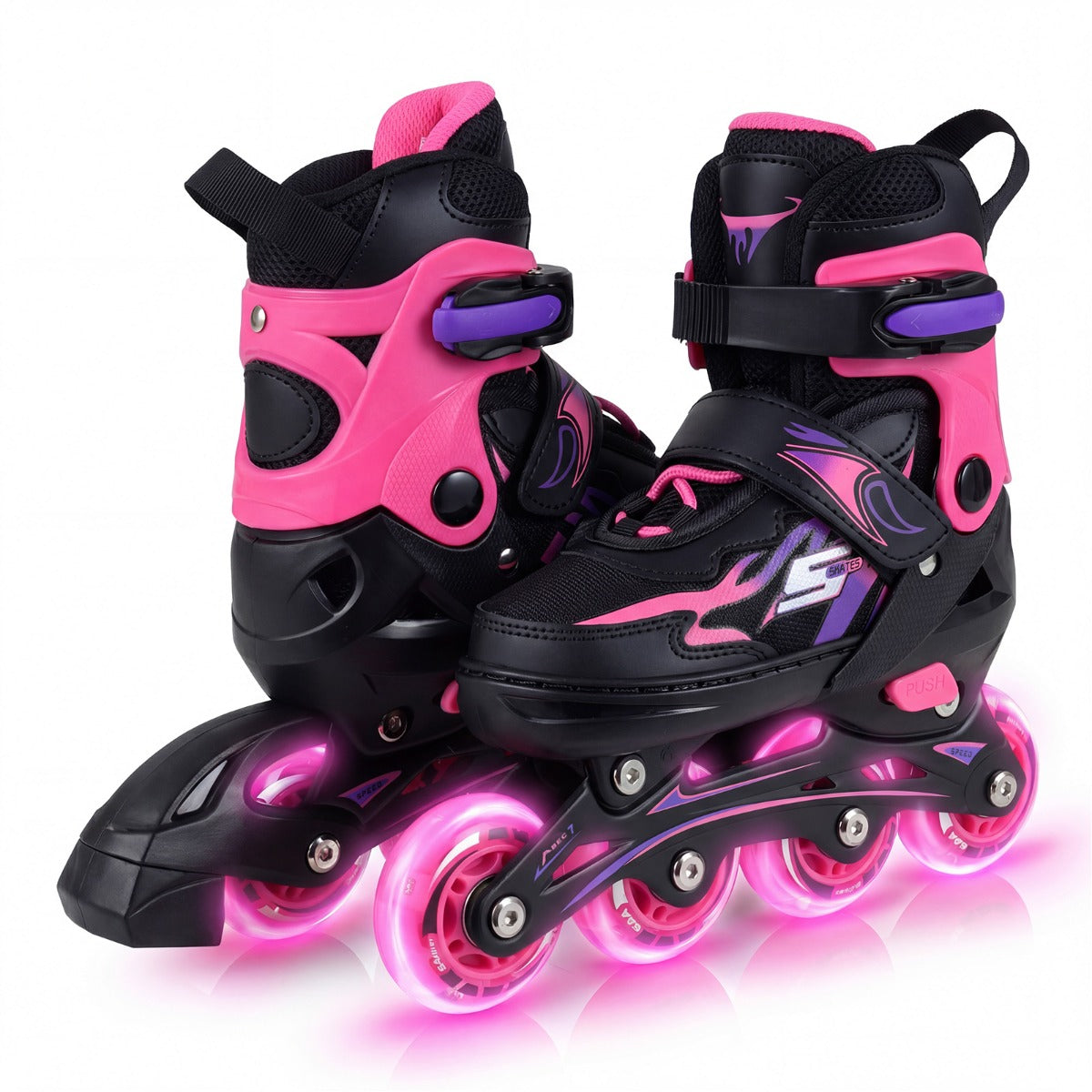 LIVSK Rolschaatsen voor Kinderen - 4-Voudig Verstelbaar - Ademend Mesh - Versterkte Gespen - Lichtgevende Wielen - Grijs/Roze