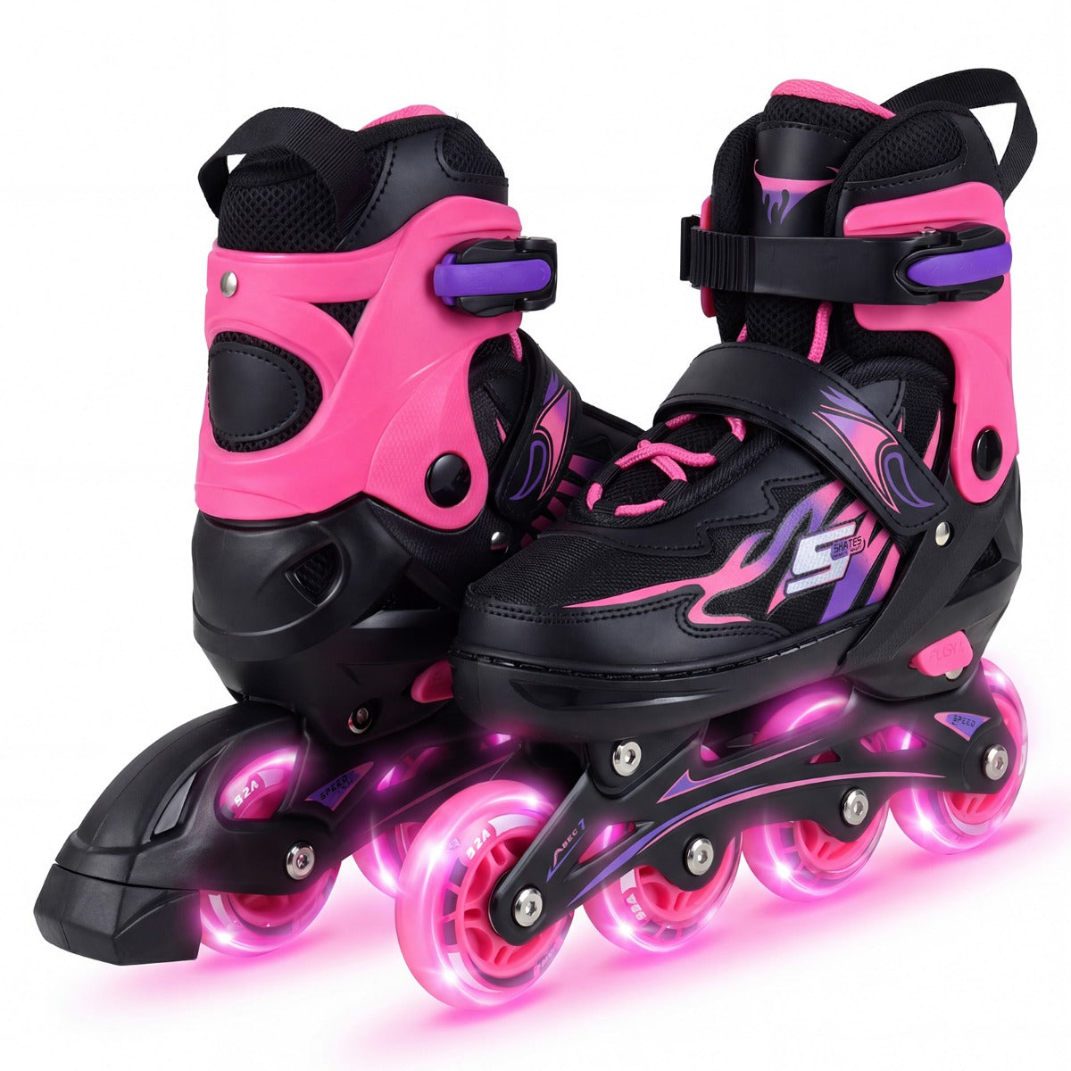 LIVSK Rolschaatsen voor Kinderen - 4-voudig Verstelbaar - Ademend Mesh - Versterkte Gespen - Lichtgevende Wielen - Grijs/Roze