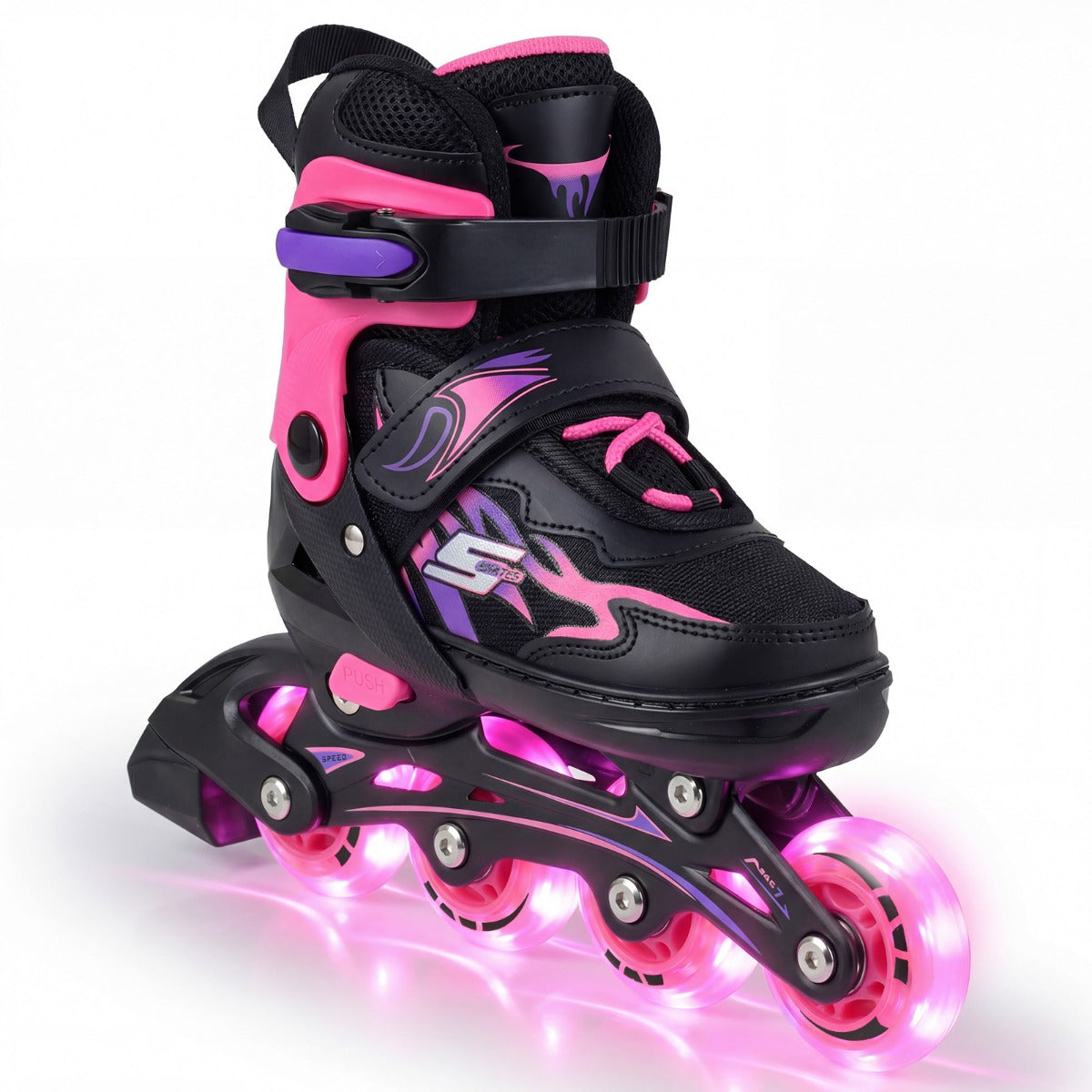 LIVSK Rolschaatsen voor Kinderen - 4-Voudig Verstelbaar - Ademend Mesh - Versterkte Gespen - Lichtgevende Wielen - Grijs/Roze