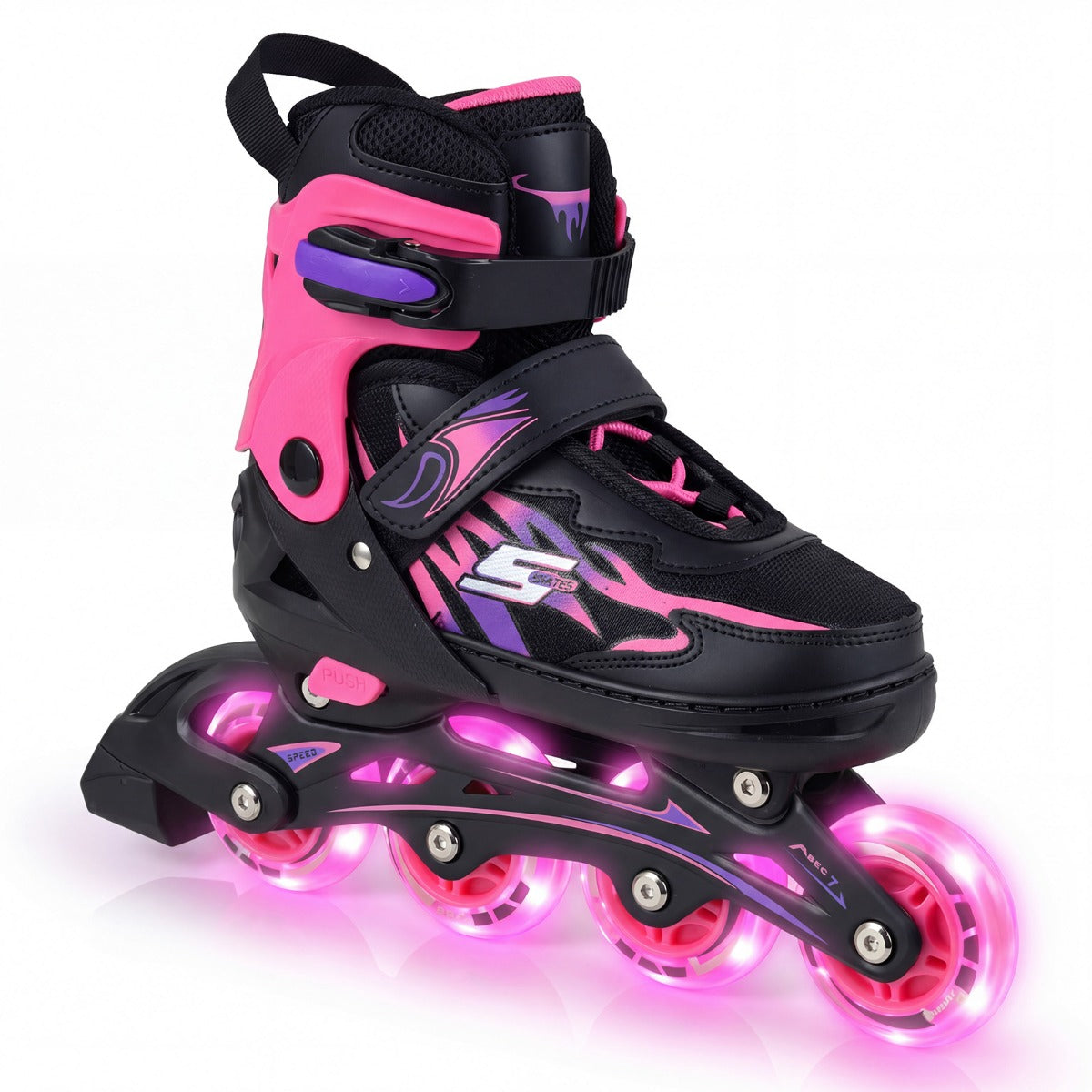 LIVSK Rolschaatsen voor Kinderen - 4-voudig Verstelbaar - Ademend Mesh - Versterkte Gespen - Lichtgevende Wielen - Grijs/Roze