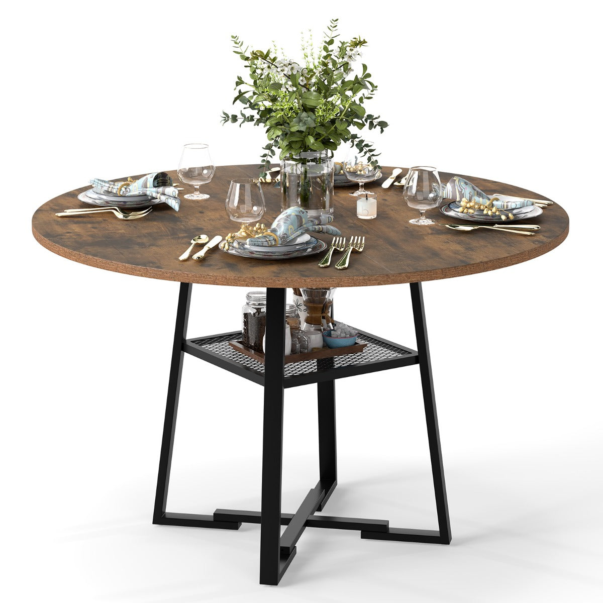 LIVSK Ronde Eettafel - Voor 4-6 Personen - Open Opbergruimte - X-Vormig Metaalframe - Rustiek Bruin & Zwart