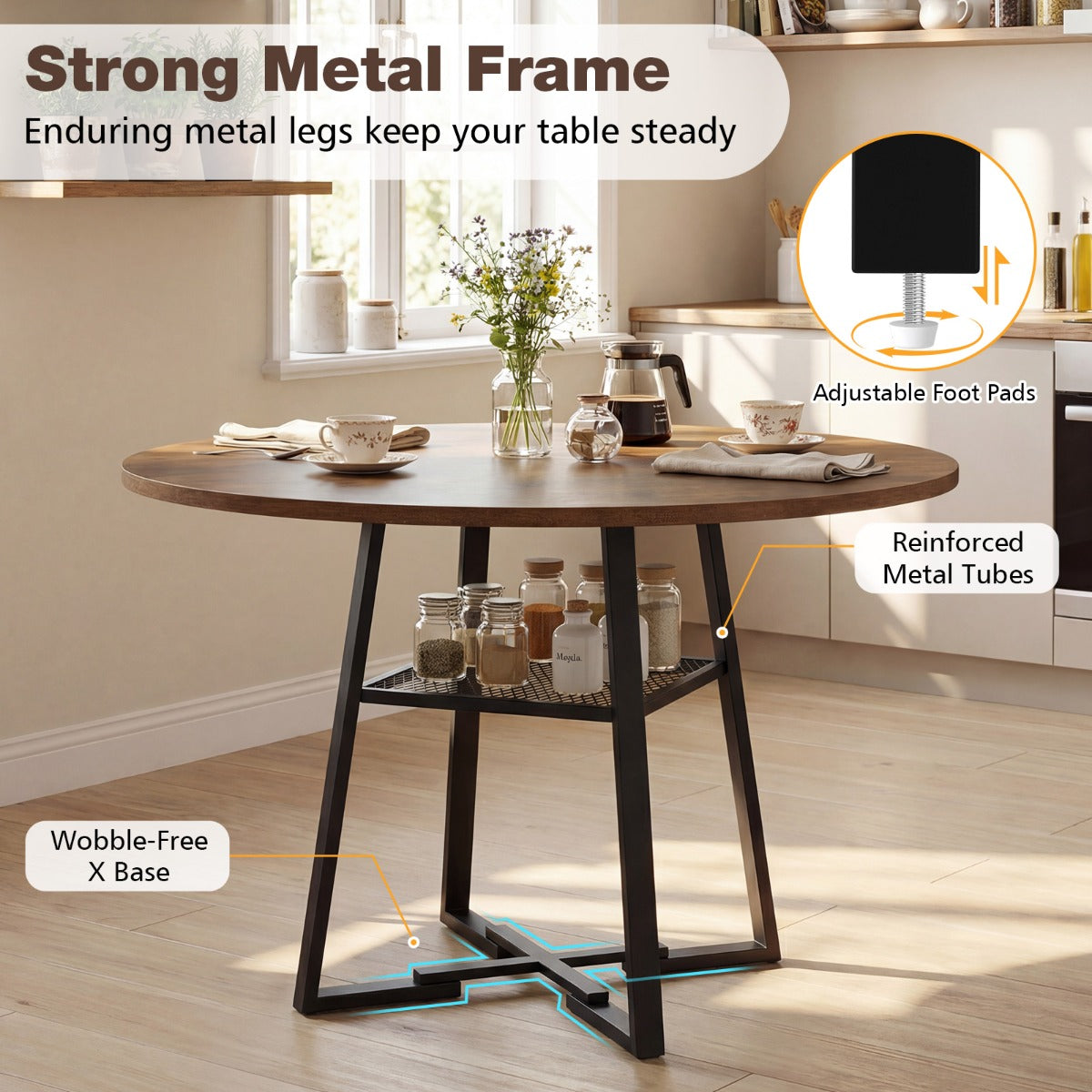 LIVSK Ronde Eettafel - Voor 4-6 Personen - Open Opbergruimte - X-Vormig Metaalframe - Rustiek Bruin & Zwart